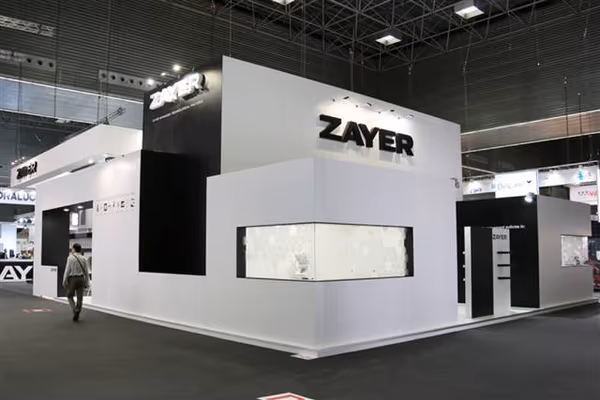 Construcción de stand corporativo con acabados limpios para Zayer en BIEMH Bilbao